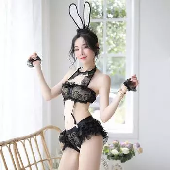 Эротическое нижнее белье Женское кружевное платье-комбинация с кроликом для ночного клуба Сексуальный костюм Женщины-кошки Соблазнительный костюм Ажурный костюм One size