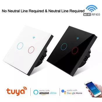 ЕС 220 В Tuya умный дом Wi-Fi сенсорный переключатель 1 2 3 Gang стеклянная панель настенные переключатели света Поддержка Alexa Google Home без нейтрального провода 1-Gang белый