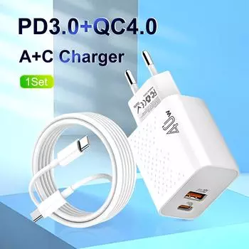 [ЕС] Двойное зарядное устройство USB C 40 Вт для быстрой настенной зарядки, сетевой адаптер Type C, вилка Qc4.0, с кабелем Type C длиной 100,58 см для iPhone 16 1514 13 12 Pro Max для iPad Airpod Charger+ 1M C-light Cable