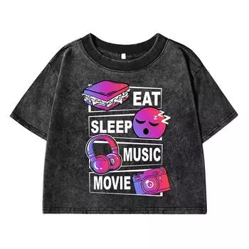 Ешь Спи Музыка Кино Смешная Принтованная Женская Выстиранная Короткая Футболка Летняя Дышащая Футболка Уличная Мода Поношенный Топ M