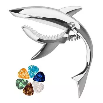 ESJNNK Capo Shark Shape Guitar Capo One Touch Alloy Guitar Capo Tast для с 6 медиаторами Прочный акустический/электрический гитара/укулеле (Серебряный) серебряный