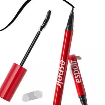 Espoir No-merging Duo Set No-merging Mascara Waterproof XP & No-merging Brush Liner + Red Eyelash Curler, Mascara + Liner (Brown) + Eyelash Curler
