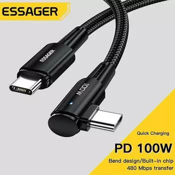 Essager 100 Вт 60 Вт кабель USB Type C к USB C угол 90 градусов для iPad MacBook Pro Xiaomi Samsung Huawei быстрая зарядка Type-C провод даты 1m 100W Cable чёрный