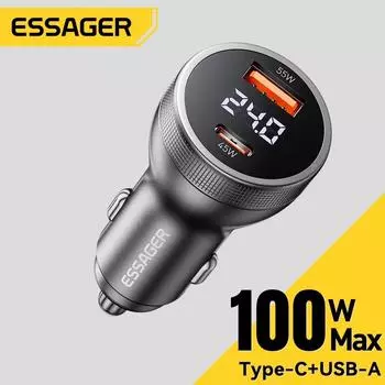 Essager 100 Вт USB C Автомобильное зарядное устройство PD3.0 Быстрая зарядка Quick Charge 4.0 Адаптер для iPhone 16 MacBook Xiaomi Ноутбук Цифровой дисплей серый