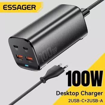 Essager 100 Вт USB C GaN зарядное устройство настольное быстрое зарядное устройство QC 4.0 3.0 Type C быстрая зарядка для iPhone 15 ноутбука MacBook Samsung POPC UK Plug темно серый