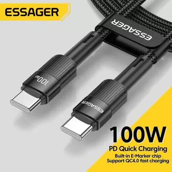 Essager 100 Вт USB Type C к USB C кабель USB-C PD кабель для быстрой зарядки зарядного устройства для Macbook Samsung Xiaomi Type-C USB C кабель 0.5M (100W) чёрный