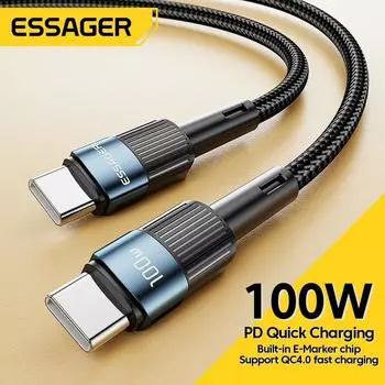 Essager 100 Вт USB Type C к USB C кабель USB-C PD кабель для быстрой зарядки зарядного устройства для Macbook Samsung Xiaomi Type-C USBC кабель 3 м 0.5M (60W C To C ) чёрный