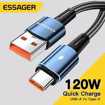 Essager 120 Вт USB Type C кабель сверхбыстрой зарядки 67 Вт кабель быстрой зарядки 6A для Xiaomi 12Pro Redmi K50 Note 11Pro Black Shark5 Pro 1m чёрный