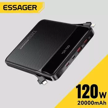 Essager 120W 20000mAh Power Bank с двумя встроенными кабелями 100W PD быстрая зарядка для iPhone 16 15 14 Pro Max iPad Macbook ноутбук 20000mAh чёрный