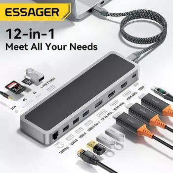 Essager 12 в 1 USB Type C Hub 4K 60HZ Док-станция для ноутбука HDMI-совместимый DP RJ45 SD TF для MacBook Air Pro Адаптер-сплиттер
