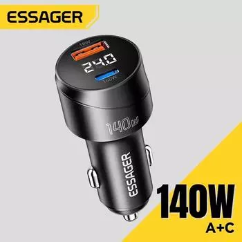 Essager 140 Вт Автомобильное зарядное устройство PD 3.1 Быстрая зарядка Quick Charge 4.0 для ноутбука Macbook Pro USB Type C Автомобильное зарядное устройство для телефона iPhone 16 140W чёрный