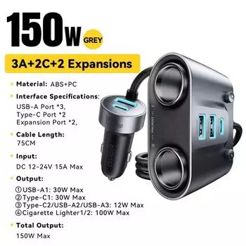 Essager 150W USB C Car Charger 2 in 1 100W Dual Cigarette Lighter Splitter 5 Ports QC 3.0 PD 3.0 Fast Charging For Mobile Phone 3A+2C+2 Expansions серый