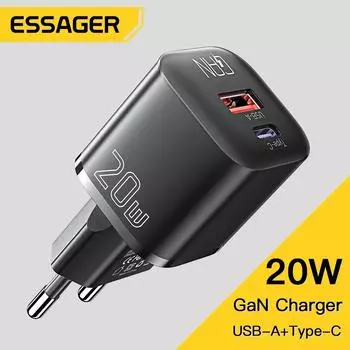 Essager 20 Вт GaN USB Type C Зарядное устройство PD Быстрая зарядка телефона QC 3,0 Быстрые зарядные устройства для iPhone 14 13 12 11 Pro Max Mini iPad Зарядка UK Plug белый