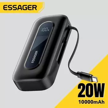 Essager 20 Вт Power Bank 10000 мАч со встроенным выдвижным кабелем Type-C PD быстрая зарядка для iPhone 16 15Pro iPad цифровой дисплей 10000mAh чёрный