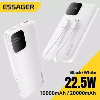 Essager 22.5 Вт 20000 мАч PowerBank PD Быстрая зарядка с двумя кабелями Портативный 10000 мАч Внешний аккумулятор Для iPhone 16 Xiaomi Samsung 10000mAh белый