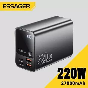 Essager 27000 мАч 220 Вт PD QC3.0 Быстрая зарядка Большая емкость аккумулятора Power Bank для iPhone15 14 pro Xiaomi Ноутбук macbook 27000mAh серый