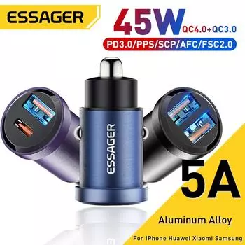 Essager 30 Вт USB Автомобильное зарядное устройство Quick Charge4.0 Qc Pd 3.0 Scp 5A Usb Type C Автомобильная быстрая зарядка для Iphone 14 13 Huawei Samsung Xiaomi Black DOUBLE USBA