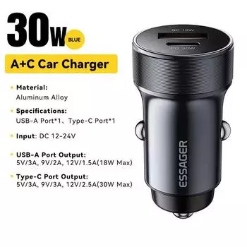 Essager 30W Mini Car Charger PD3.0 QC3.0 Quick Charge Type C Car Charger PD 22.5W Fast Charging For Huawei Xiaomi Oneplus iPhone 30W USB A+USB C темно-синий