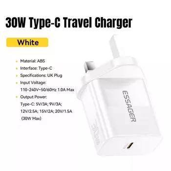 Essager 30W Type C Дорожное зарядное устройство Портативное зарядное устройство USB C PD Быстрая зарядка Для iPhone 16 15 14 13 Pro Max Xiaomi Galaxy S24 Ultra 30W UK Plug белый