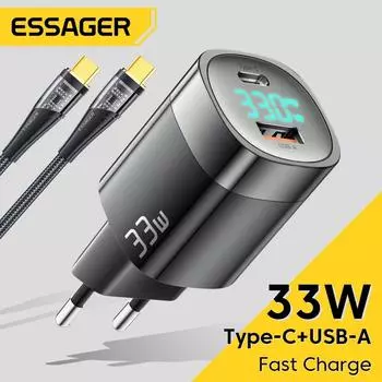 Essager 33 Вт Gan USB C зарядное устройство с цифровым дисплеем Pd быстрая зарядка для Iphone 14 13 12 Max Pro Ipad для Xiaomi Poco Samsung зарядное устройство