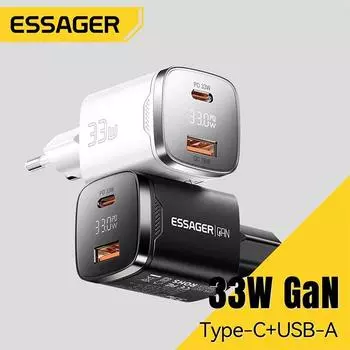 Essager 33 Вт GaN USB Type C зарядное устройство цифровой дисплей PD быстрая зарядка для iPhone 16 15 14 Pro Max iPad Mini 6 Xiaomi Samsung S22 UK Plug белый