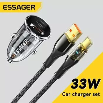 Essager 33 Вт QC PD3.0 SCP USB Автомобильное зарядное устройство Быстрая зарядка 4.0 USB Type C Автомобильная быстрая зарядка для IP 12 13 Huawei Samsung Xiaomi Car Charger+1m Cable