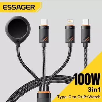 Essager 3 в 1 100 Вт многофункциональный кабель USB C для зарядки Apple iWatch iPhone 16/15/14/13 Pro с кабелем быстрой зарядки Lightning Type C 3 in 1-1.2m чёрный