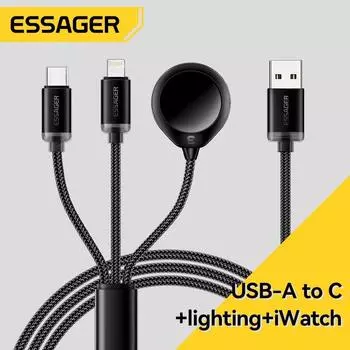 Essager 3 в 1 Multi USB A кабель для зарядки для Apple iWatch iPhone 16/15/14/13 Pro с USB Type C Lightning Fast Charge Cable 3-in-1 1.2m чёрный