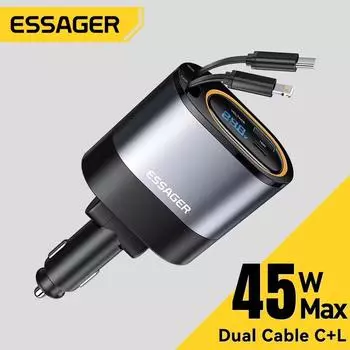 Essager 45 Вт выдвижное автомобильное зарядное устройство 4 в 1 USB C быстрая зарядка от прикуривателя автомобиля зарядное устройство для iPhone 16 Xiaomi Huawei Samsung серый