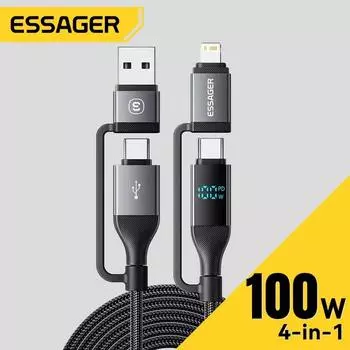 Essager 4 в 1 цифровой дисплей USB-кабель Type C 100 Вт PD быстрая зарядка провод для iPhone Macbook iPad Xiaomi Type C Lighting кабель 0.25m серый