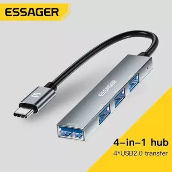 Essager 4 в 1 USB 2,0 концентратор Универсальный мини-многофункциональный кабель-концентратор Высокоскоростной разъем для ПК, ноутбука, ноутбука 4 порта, аксессуары для розеток Type C серый