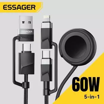 Essager 5 в 1 многофункциональный кабель для зарядки USB Type C кабель Lightning для iPhone16 15 Huawei Watch беспроводное зарядное устройство для часов зарядное устройство 1m серый