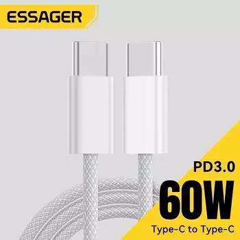 Essager 60 Вт USB Type C - Type C кабель для iPhone 16 15Pro Xiaomi Huawei быстрая зарядка USB C кабель для Xiaomi Samsung быстрый кабель 1m белый