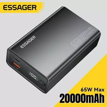 Essager 65W Power Bank 20000mAh PD быстрая зарядка портативное зарядное устройство для аккумулятора 3 выходных порта для iPhone 15 14 Pro ноутбук планшет 20000mAh чёрный