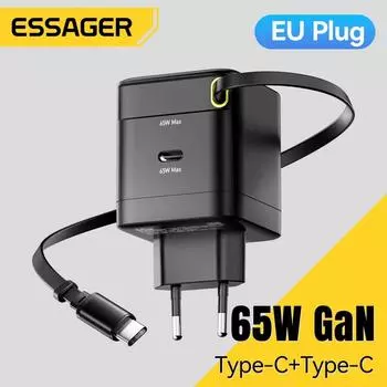Essager 65W GaN Charger With Retractable Flexible Cable Quick Charge For Laptop Tablet iPhone 16 15 ipad Macbook Type-C Charger 65W EU Plug чёрный