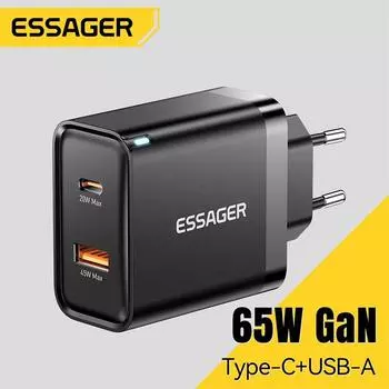 Essager 65W GaN зарядное устройство быстрая зарядка QC4.0 PD3.0 USB Type C зарядное устройство портативное быстрое зарядное устройство для ноутбука iPhone 15 14 13Pro MacBook UK Plug чёрный
