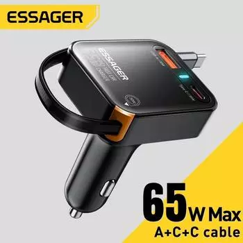 Essager 65W USB C Автомобильное зарядное устройство 3 порта с выдвижным кабелем PD3.0 QC3.0 30W Быстрая зарядка для iPhone 16 15 iPad Samsung Xiaomi 65W чёрный