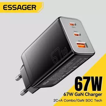 Essager 67 Вт GaN USB зарядное устройство QC 4,0 PD 3,0 65 Вт Тип C Быстрая зарядка для Samsung Huawei Xiaomi iPhone 15 14 Телефонные зарядные устройства для ноутбуков UK Plug белый