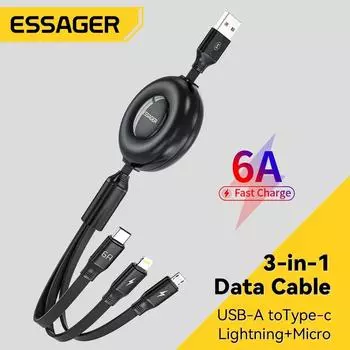 Essager 6A 3 в 1 USB-кабель Быстрое зарядное устройство 66 Вт Тип C Провод Микро-кабель для передачи данных для iPhone 14 Samsung Xiaomi Huawei Poco Быстрая зарядка 3A Cable синий