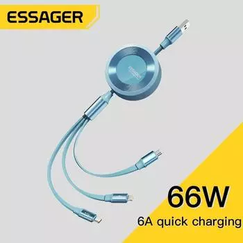 Essager 6A 66W 3 в 1 USB-кабель для быстрой зарядки для iPhone Micro USB Type C Быстрая зарядка для Xiaomi Samsung Poco Выдвижной шнур 1.2m зелёный