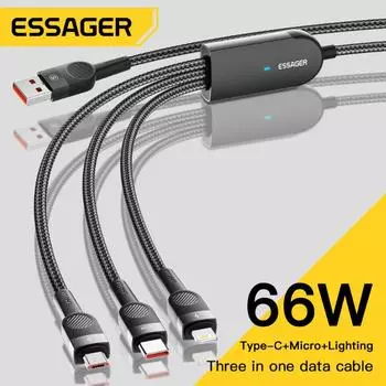 Essager 6A 66W 3 в 1 USB Type C Кабель Micro USB Провод для IPhone 14 13 Pro Max Samsung Xiaomi Huawei POCO Шнур для передачи данных мобильного телефона 1.2m чёрный