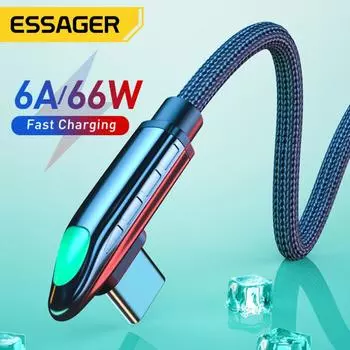 Essager 6A 66W USB Type C кабель для Huawei Mate 40 Pro Samsung LED 5A быстрая зарядка USB-C USBC зарядное устройство 90 градусов кабель для передачи данных 1M чёрный