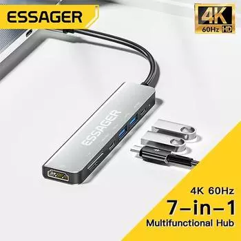 Essager 7 в 1 USB C Hub PD 78 Вт USB 2.0 Type C к HDMI-совместимой док-станции для ноутбука для ноутбука Macbook Высокоскоростной разветвитель
