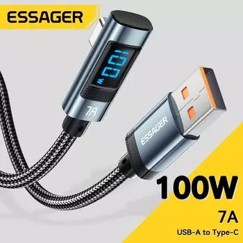 Essager 7A 100 Вт USB C кабель для быстрой зарядки цифровой дисплей локоть типа C кабель для Huawei Mate60 Pro Xiaomi Samsung Vivo шнур для передачи данных 1m серый