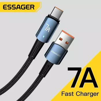 Essager 7A USB C кабель 100 Вт USB Type C кабель для быстрой зарядки Type C для Huawei P40 Pro Honor 70 Pro кабель для быстрой зарядки данных 1m чёрный