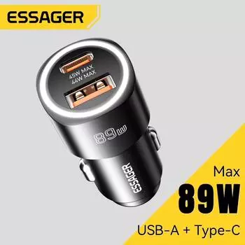 Essager USB C Автомобильное зарядное устройство 89 Вт 2 порта Супер быстрая зарядка PD QC 3.0 Автомобильное зарядное устройство для телефона iPhone 15 Xiaomi Huawei Oneplus Realme серый