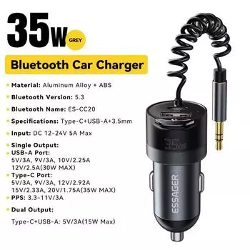 Essager Bluetooth 5.3 Car Charger 3.5mm Jack AUX Cable 35W Fast Charging For iPhone16 15 Huawei Samsung Bluetooth Car Chargers серый
