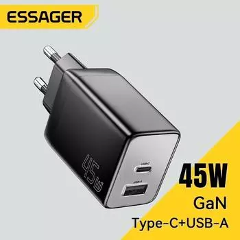 Essager GaN 45 Вт USB зарядное устройство Быстрое зарядное устройство PD QC 3,0 USB C зарядное устройство Быстрое зарядное устройство для iPhone 14 13 Дорожное зарядное устройство для Samsung S21 UK Plug белый