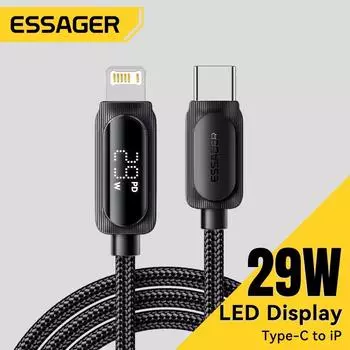 Essager USB C кабель для iPhone 14 13 12 11 Pro Max Xs цифровой дисплей провод PD 29 Вт быстрая зарядка тип C к Lighting шнур данных 1m чёрный