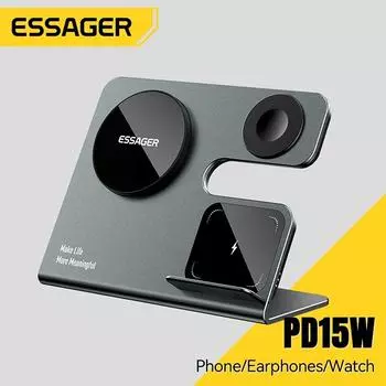 Essager 3 в 1 магнитное беспроводное настольное зарядное устройство PD15W быстрая зарядная станция для iPhone 15 14 13 12 Pro Max Apple Watch Airprods 3-in-1 15W серый